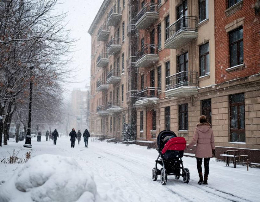 В Волжском мать с младенцем чудом избежали трагедии — ледяная глыба упала с 5 этажа рядом с коляской
