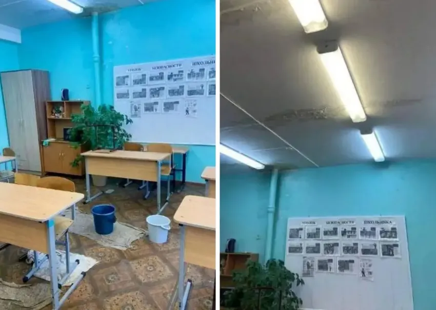 Во время уроков с потолка льется вода, а собирают ее в ведра: в Волжском протекло здание одной из школ