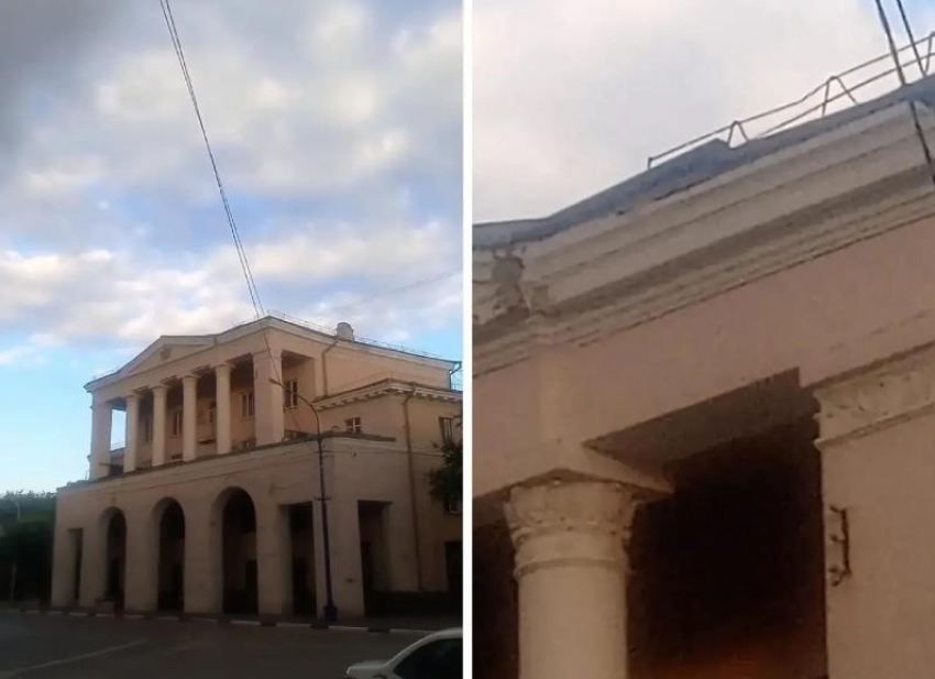 В Волжском крыша с исторического здания на въезде в город едва не рухнула на прохожих от ветра 