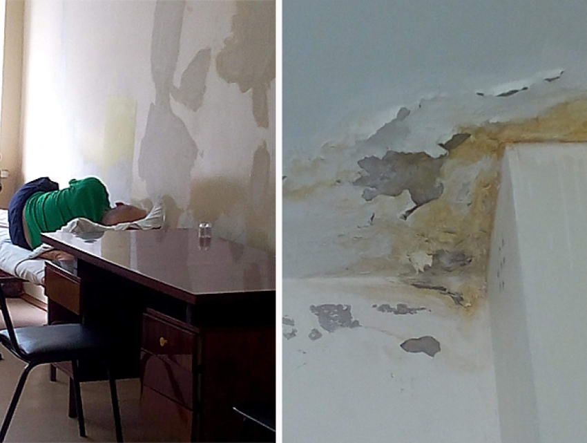 Куски облупившейся краски с потолка падают на головы пациентов в больнице Фишера в Волжском