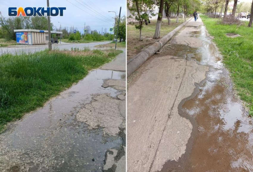 Реки разлились на Пушкина в Волжском из-за протекающих труб и ненастроенного полива